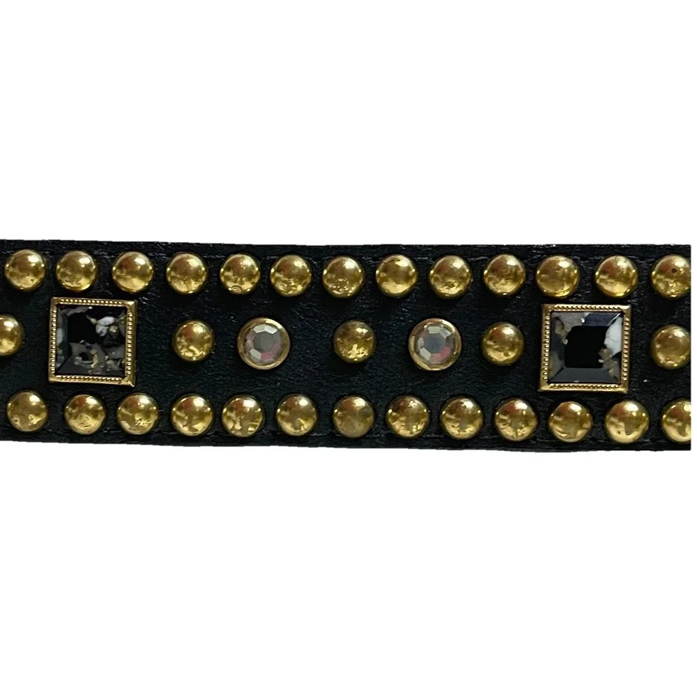 Black Studded Faux Leather Belt Gold Tone Buckle Rhinestone Accent Women's Small